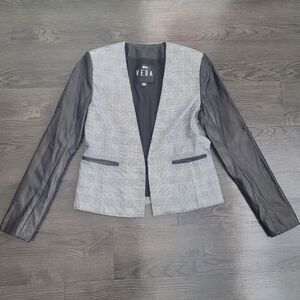 VEDA Leather Sleeve "Smoke" Plaid Jacket S Indie Sleaze Dark Academia Corpcore